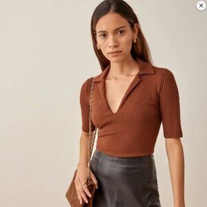 Reformation Thomas Ribbed Brown Collared Knit Top – Size M